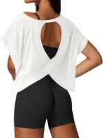 Open Back Workout Tops for Women Loose Fit Athletic Crop Tee Short Sleeve Gym Running Yoga Shirt - Image 2