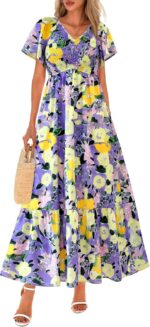 PRETTYGARDEN Boho Dresses for Women 2025 Summer Floral Short Sleeve V Neck Smocked Flowy Beach Vacation Maxi Dress - Image 2