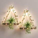 RICHER HOUSE Artificial Ivy LED-Strip Wall Hanging Shelves Set of 2, Macrame Shelf for Bedroom Bathroom Living Room Kitchen, Wood Hanging Plant Shelves for Wall Décor - Image 2