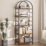 Shintenchi Bookshelf, Arched Bookshelf 5 Tier Bookcase, Tall Shelf for CDs/Books, Home Office Shelf Storage Organizer, Modern Book Shelf for Bedroom/Living Room, Rustic Brown - Image 2