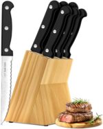 Steak Knives, 7 Pieces Steak Knife Set with Block, High Carbon Stainless Steel, Serrated Silverware Set, Black - Image 2