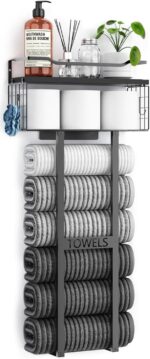 Towel Racks for Bathroom 31inch Wall Mounted Towel Rack,Floating Shelf with Wood Plank,Towel Storage for Bathroom can Holds 6 Large Rolled Towels,All Black - Image 2