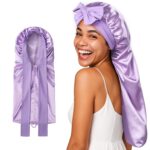 Umisleep 22 Momme Mulberry Silk Bonnet for Sleeping Women, Untangled Hair Care Bonnet, Extra Long for Curls & Braids - Lays Flat for Styling, Double Layer Hair Wrap with Soft Adjustable Tie, Lavender - Image 2