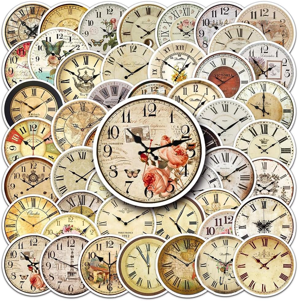 Vintage Clock Stickers-50Pcs Retro Clock Waterproof Vinyl Decals for Adult Teen Kids Cup Water Bottles Laptop Luggage Computer Mobile Phone Guitar Skateboard Decoration - Image 2