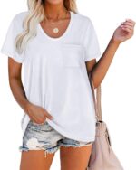 WIHOLL Women Summer T Shirts Short Sleeve Rounded V Neck Pocket Tee Tops - Image 2