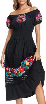 YZXDORWJ Women's Mexican Dress Floral Embroidered Casual Lace Ruffle Maxi Dress - Image 2