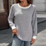 European And American Autumn And Winter Round Neck Contrast Color Long Sleeves Sunken Stripe T-shirt