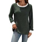 European And American Autumn And Winter Round Neck Contrast Color Long Sleeves Sunken Stripe T-shirt - Image 7