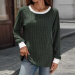European And American Autumn And Winter Round Neck Contrast Color Long Sleeves Sunken Stripe T-shirt - Image 9