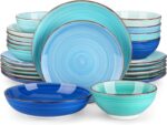 vancasso Bonita Dinnerware Set 24 Pieces Blue Stoneware Service for 6, Handpainted Spirals Pattern Stoneware Combination Set - Image 2