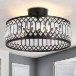 16" Black Crystal Ceiling Light, 3-Light Modern Semi Flush Mount Ceiling Light Fixture, Round Crystal Chandelier for Dining Room Bedroom Living Room Kitchen Hallway, E26 Sockets - Image 2