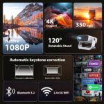 Smart Projector with WiFi 6 and Bluetooth Built-in Apps - 4K Support Portable Bedroom Mini Projector Native 1080P , 2025 New Auto Keystone & Zoom Home Theater Cinema Movie Proyector, 120° Stand - Image 3