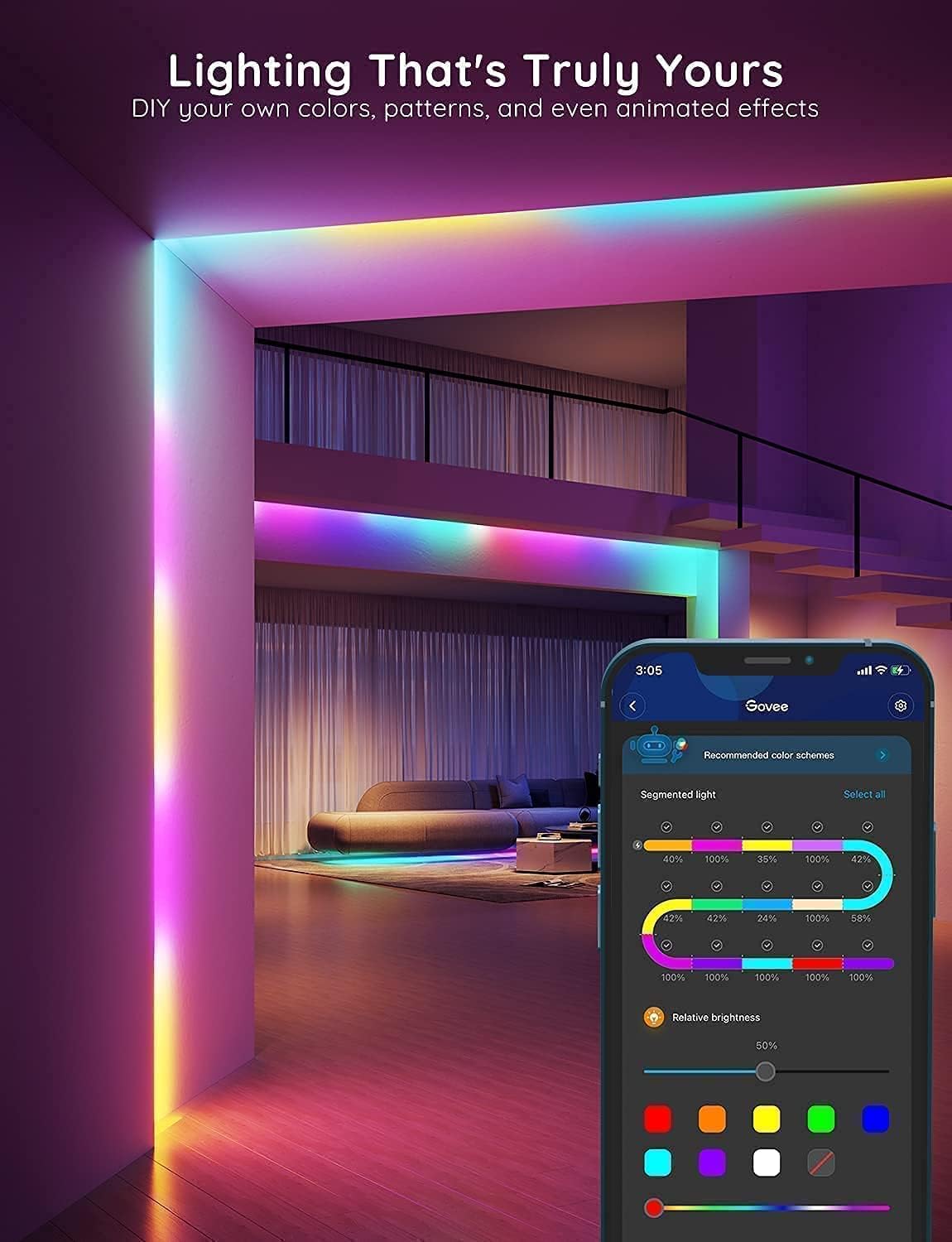 Govee 100ft RGBIC LED Strip Lights, Smart LED Lights Work with Alexa and Google Assistant, LED Lights for Bedroom WiFi App Control Segmented DIY Multiple Colors, Color Changing Light, (2 x 50ft) - Image 5