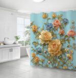 Bathroom Shower Curtain, Retro Modern Floral Curtains Decor Set, Polyester Fabric Soft Bathroom Curtain with 12 Hooks 1 Rope, 3D Floral 71x71 Inch - Image 3