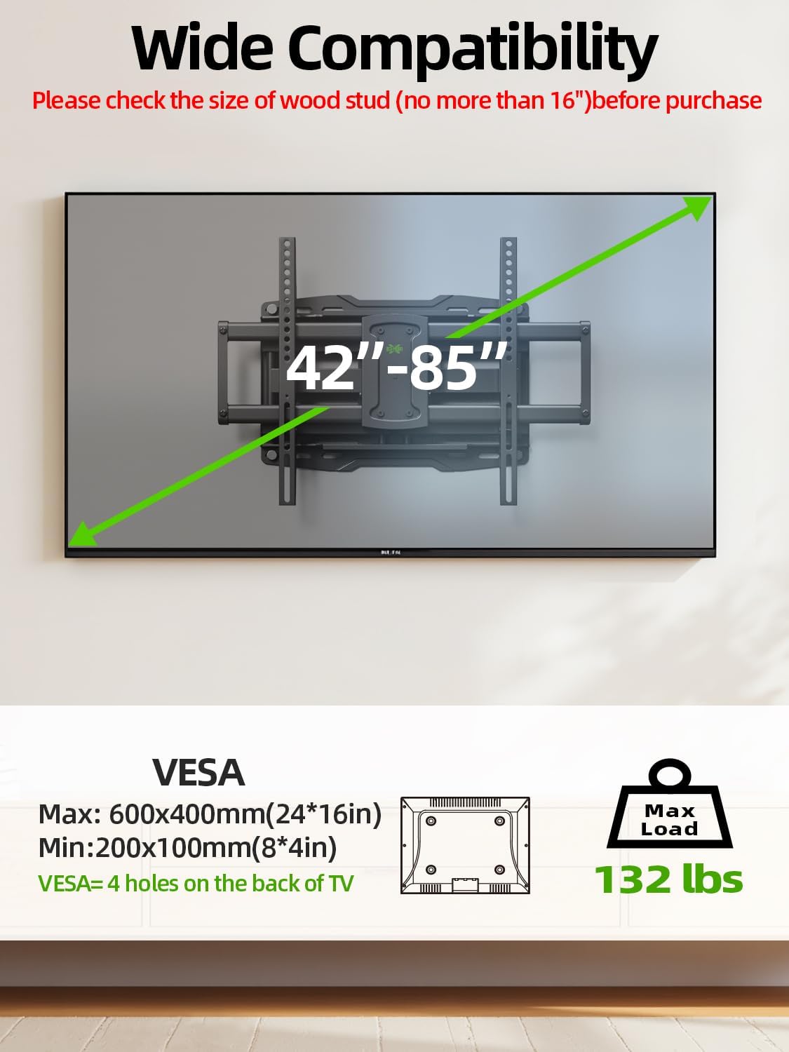 USX Mount Full Motion TV Wall Mount for 42-85 inch, TV Mount Swivel and Tilt,Wall Mount Bracket with Dual Articulating Arms Up to 132lbs, VESA 600x400mm, Max 16" Wood Studs, UL Listed XML019 - Image 4