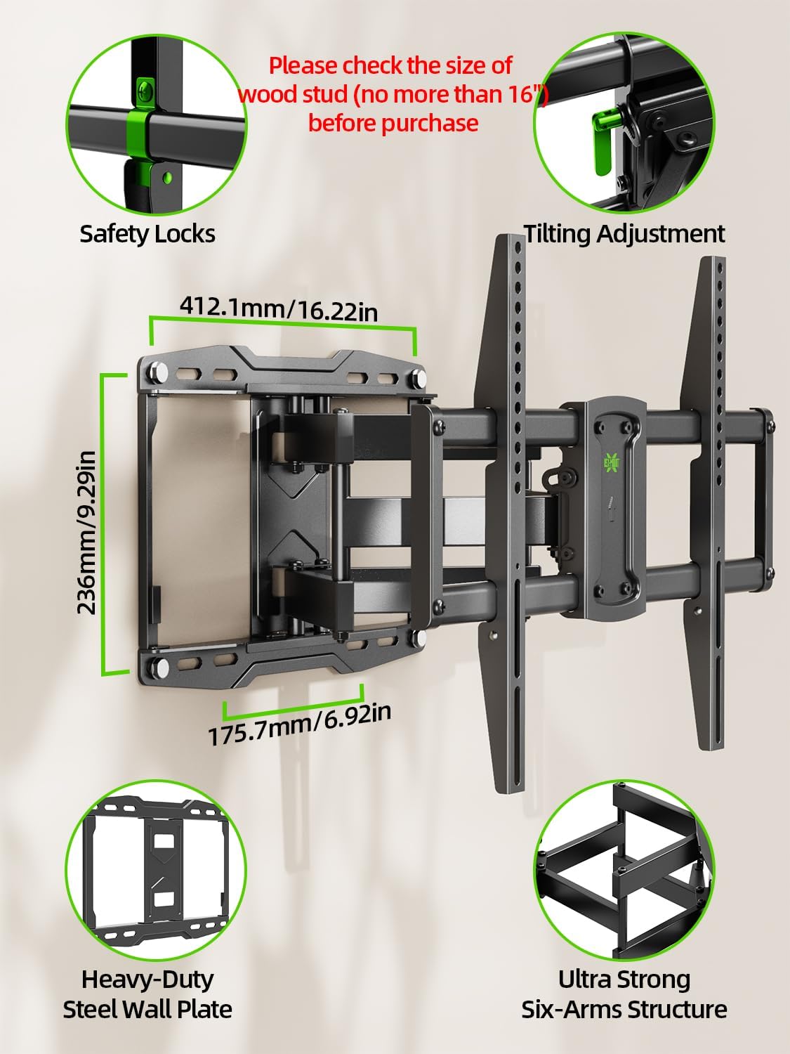 USX Mount Full Motion TV Wall Mount for 42-85 inch, TV Mount Swivel and Tilt,Wall Mount Bracket with Dual Articulating Arms Up to 132lbs, VESA 600x400mm, Max 16" Wood Studs, UL Listed XML019 - Image 5