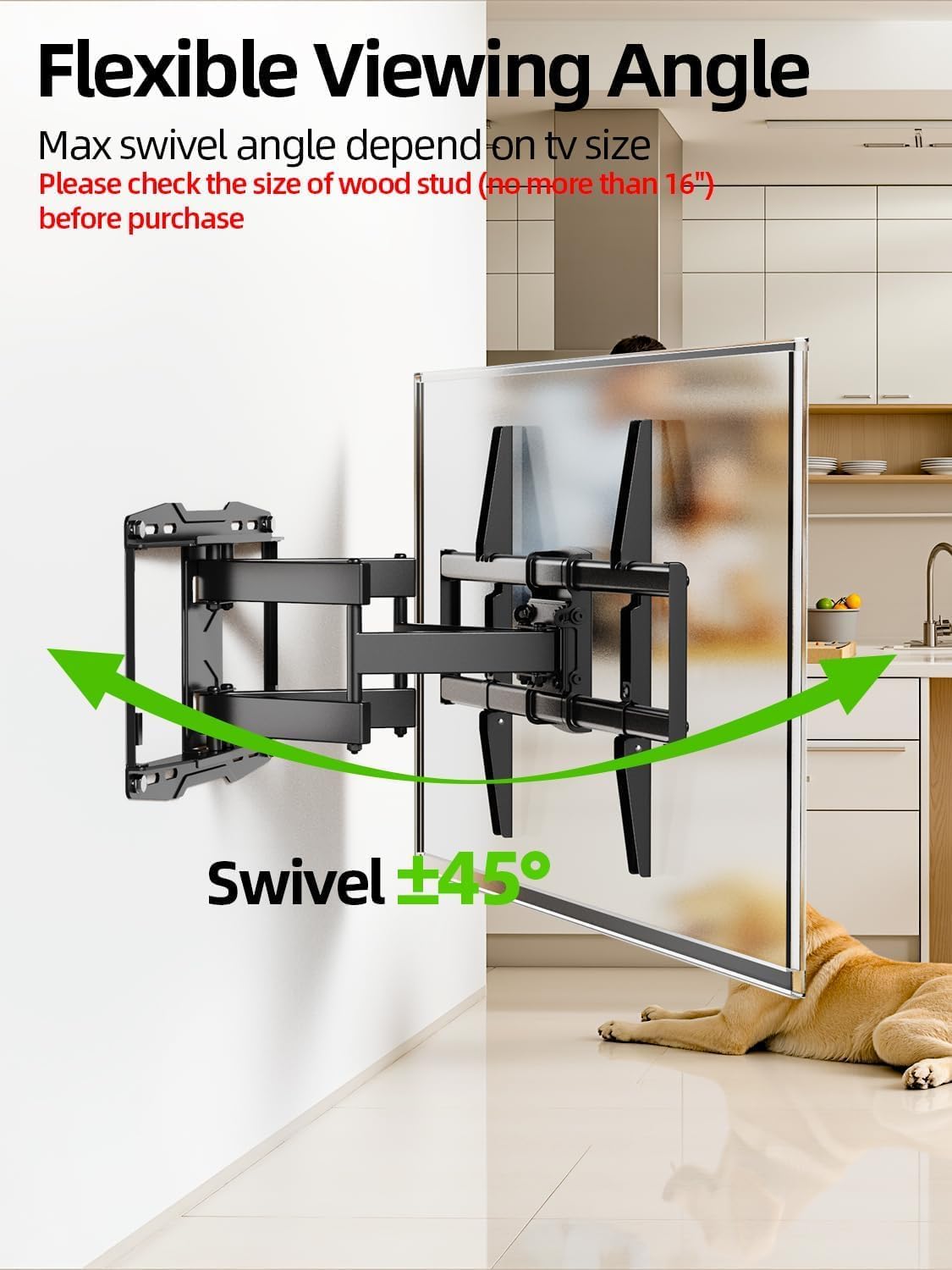 USX Mount Full Motion TV Wall Mount for 42-85 inch, TV Mount Swivel and Tilt,Wall Mount Bracket with Dual Articulating Arms Up to 132lbs, VESA 600x400mm, Max 16" Wood Studs, UL Listed XML019 - Image 7