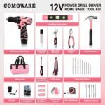 COMOWARE 12V Pink Cordless Drill Home Tool Kit, Pink Drill Set for Women, Lady's Home Repairing Tool Kit Hand Tool Set for DIY Large-Capacity Tool Storage Bag Included - Image 3