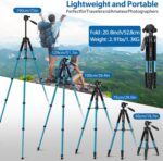 75" Heavy Duty Camera Tripod Stand with Bluetooth Remote - Max Load 15LB, Aluminum Travel Tripod for DSLR/Phone/Tablet/Projector, 3-Way Pan Head & Quick Release Plate, Compact Foldable Design (Blue) - Image 4