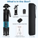 75" Heavy Duty Camera Tripod Stand with Bluetooth Remote - Max Load 15LB, Aluminum Travel Tripod for DSLR/Phone/Tablet/Projector, 3-Way Pan Head & Quick Release Plate, Compact Foldable Design (Blue) - Image 8