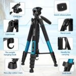 75" Heavy Duty Camera Tripod Stand with Bluetooth Remote - Max Load 15LB, Aluminum Travel Tripod for DSLR/Phone/Tablet/Projector, 3-Way Pan Head & Quick Release Plate, Compact Foldable Design (Blue) - Image 9