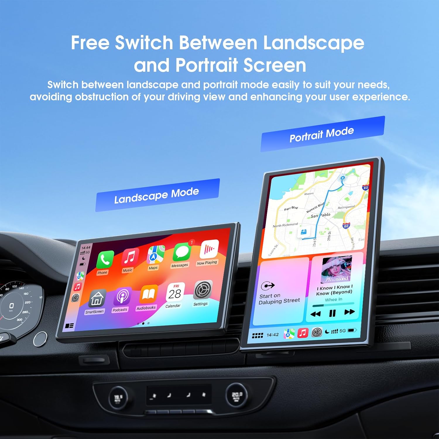 7" Wireless Apple Carplay Screen for Car & Android Auto, Portable Car Stereo with Magnetic Mount, Supports Landscape & Portrait, OTA/GPS/Mirror Link/Voice Control/Bluetooth/AUX/FM/WiFi - Image 3