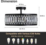 16" Black Crystal Ceiling Light, 3-Light Modern Semi Flush Mount Ceiling Light Fixture, Round Crystal Chandelier for Dining Room Bedroom Living Room Kitchen Hallway, E26 Sockets - Image 4