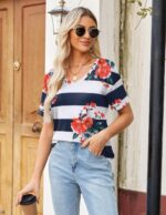 Zeagoo Womens Summer Tops Short Sleeve Casual Shirts Floral Tee Trendy 2025 Basics V Neck Plain Tshirt - Image 3