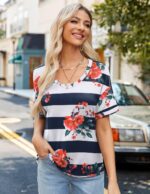 Zeagoo Womens Summer Tops Short Sleeve Casual Shirts Floral Tee Trendy 2025 Basics V Neck Plain Tshirt - Image 5