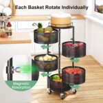 SAYZH Fruit Vegetable Basket for Kitchen, Rotating Storage Rack, 5 Tier Rolling Cart with top lid, Large Metal Wire Wheels, Black - Image 3
