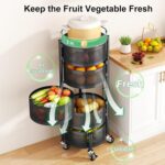 SAYZH Fruit Vegetable Basket for Kitchen, Rotating Storage Rack, 5 Tier Rolling Cart with top lid, Large Metal Wire Wheels, Black - Image 4