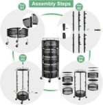 SAYZH Fruit Vegetable Basket for Kitchen, Rotating Storage Rack, 5 Tier Rolling Cart with top lid, Large Metal Wire Wheels, Black - Image 9