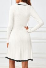 MEROKEETY Women's Long Sleeve V Neck Sweater Dress 2025 Fall Button Knit Pleated Mini Work Dresses - Image 5