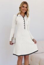 MEROKEETY Women's Long Sleeve V Neck Sweater Dress 2025 Fall Button Knit Pleated Mini Work Dresses - Image 8