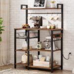 HOOBRO Bakers Rack with Power Outlet, 35.4 Inches Coffee Bar with Mesh Basket, Microwave Stand with 4 S-Shaped Hooks, Kitchen Bakers Rack with Storage, Easy to Assemble, Rustic Brown BF05HB01 - Image 3