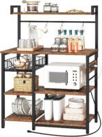 HOOBRO Bakers Rack with Power Outlet, 35.4 Inches Coffee Bar with Mesh Basket, Microwave Stand with 4 S-Shaped Hooks, Kitchen Bakers Rack with Storage, Easy to Assemble, Rustic Brown BF05HB01 - Image 10