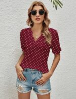 Romanstii Women Casual V-Neck T-Shirts Loose Puff Short Sleeve Tops Tunic Blouses - Image 4