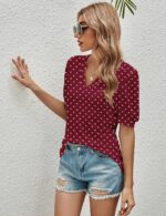 Romanstii Women Casual V-Neck T-Shirts Loose Puff Short Sleeve Tops Tunic Blouses - Image 6