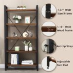 5 Tier Bookcase, Solid Wood Bookshelf Rustic Vintage Industrial Etagere Bookcase, Metal and Wood Free Vintage Bookshelf, Retro Brown (Real Wood) (5-Tiers) - Image 5