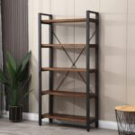 5 Tier Bookcase, Solid Wood Bookshelf Rustic Vintage Industrial Etagere Bookcase, Metal and Wood Free Vintage Bookshelf, Retro Brown (Real Wood) (5-Tiers) - Image 7