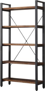 5 Tier Bookcase, Solid Wood Bookshelf Rustic Vintage Industrial Etagere Bookcase, Metal and Wood Free Vintage Bookshelf, Retro Brown (Real Wood) (5-Tiers) - Image 8