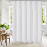 Gibelle Extra Long Boho Farmhouse Shower Curtain, Linen Cotton Fabric Shower Curtain with Macrame Lace Decor, Modern Bohemian French Country Chic Shower Curtain Set with PEVA Liner 72x84 - White - Image 8