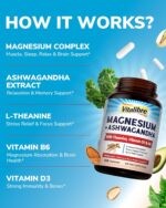 Magnesium Complex with Ashwagandha & L-Theanine - Stress Relief, Bone & Nerve Support - w/Vitamin D3, B6 - Glycinate, Citrate, Malate, Taurate - 180 Vegan Capsules, Non-GMO, Gluten Free - Image 4