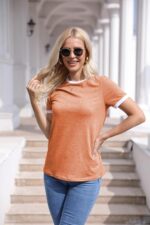 Womens T Shirt Short Sleeve Crew Neck Basic Color Block Tee Tops - Image 3
