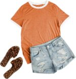 Womens T Shirt Short Sleeve Crew Neck Basic Color Block Tee Tops - Image 5