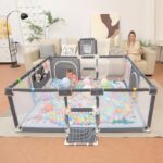 Playpen for Babies and Toddlers,73"x71"Baby Playpen with Mat Indoor＆Outdoor with Breathable Play Pen with Ocean Balls Hanging Pocket Basketball Hoop and Football Goal (Grey with Mat, 73"x71") - Image 3