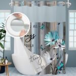 AZHM No Hooks Shower Curtain with Snap in Liner Rustic Teal Daisy Flower Inspirational Quotes Curtain for Bathroom Decor See Through Top Window Double Layers, 71x74 inches - Image 6