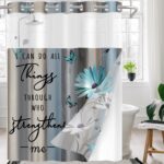 AZHM No Hooks Shower Curtain with Snap in Liner Rustic Teal Daisy Flower Inspirational Quotes Curtain for Bathroom Decor See Through Top Window Double Layers, 71x74 inches - Image 8
