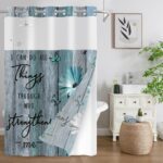 AZHM No Hooks Shower Curtain with Snap in Liner Rustic Teal Daisy Flower Inspirational Quotes Curtain for Bathroom Decor See Through Top Window Double Layers, 71x74 inches - Image 9