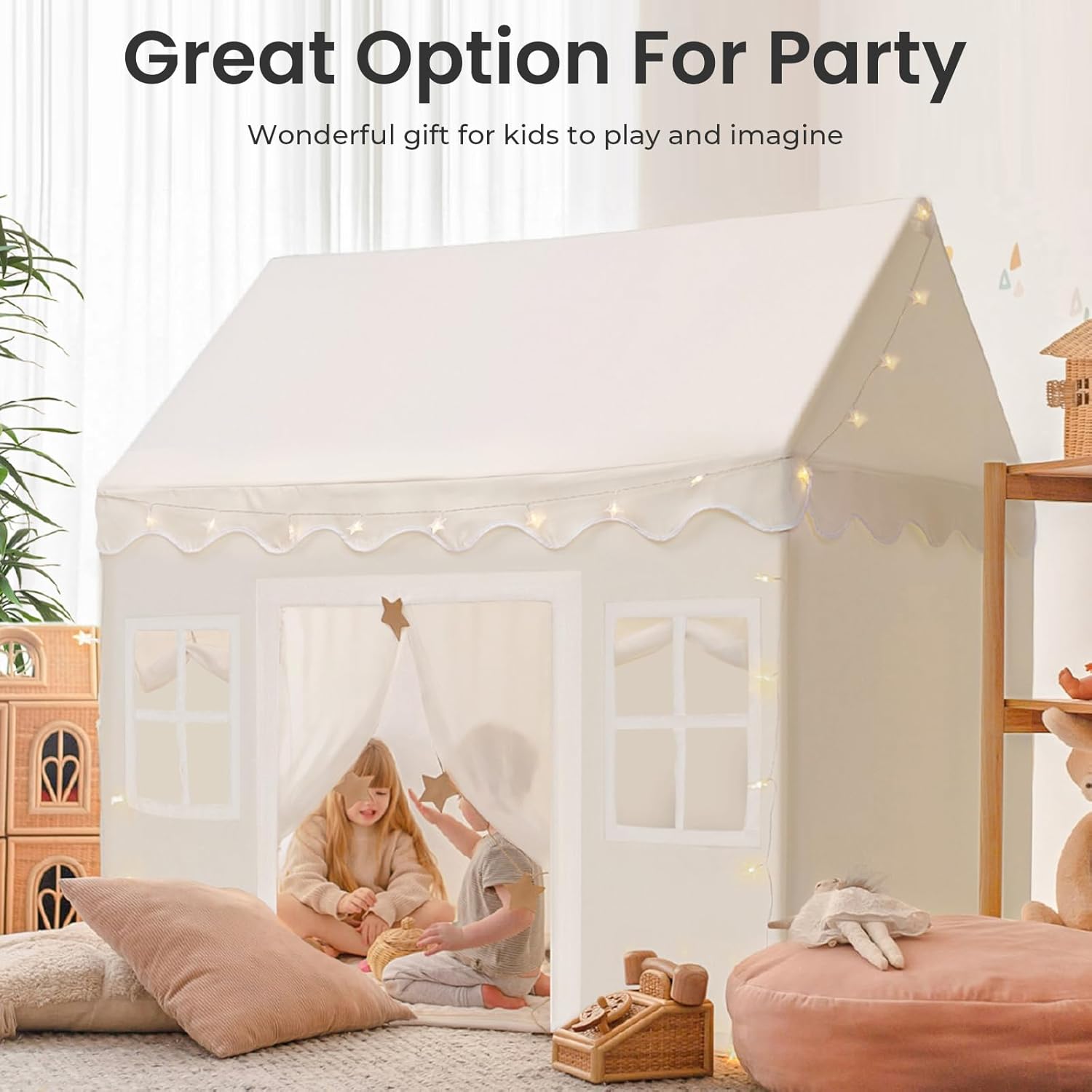 Tiny Land Play Tent with Padded Mat & LED Lights, Kids Tent, Playhouse for Kids, Indoor Bed Tent for Toddler, Toys for 3,4,5,6-Year-Old Girls, Neutral Color Play Room Furniture - Image 5